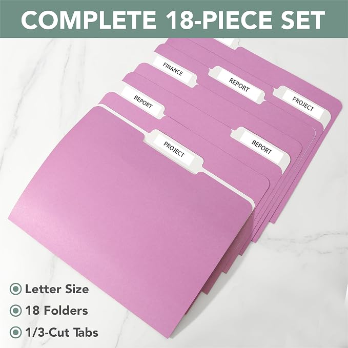 Mr. Pen- File Folders with Tabs, 1/3 Cut Tab, 18 Pack, Letter Size, Orchid Haze, File Folders Designed for Office and Classroom Use