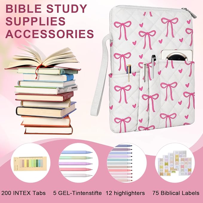 Bible Study Supplies Kit for Women, Quilted Pink Bow Bible Cover Case, Bible Bag with Handle Zipper & Pockets, Book Sleeve Pouch, Bible Accessories Gift for Girls,10x8 Inch