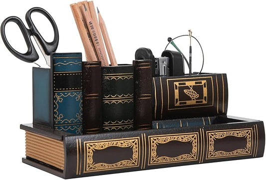 Decorative Pencil and Pen Holder with Storage Drawer, Wooden Desk Organizer Caddy, Antique Library Books Design Pen Cup for Office Supplies, Countertop, Desk,Table (Reddish brown)
