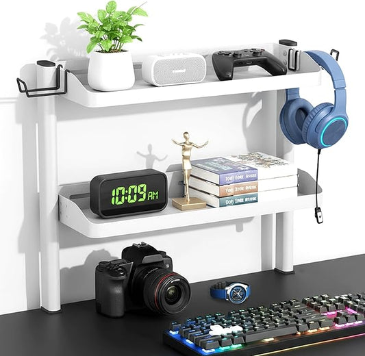 Clamp on Desk Shelf White, 2-Tier Office Desk Shelves Organizer, 17in Small Shelf for Top of Desk with Headphone Holder, Hooks, Desktop Storage Rack for Home Workspace, Study Rooms, Gaming Accessories