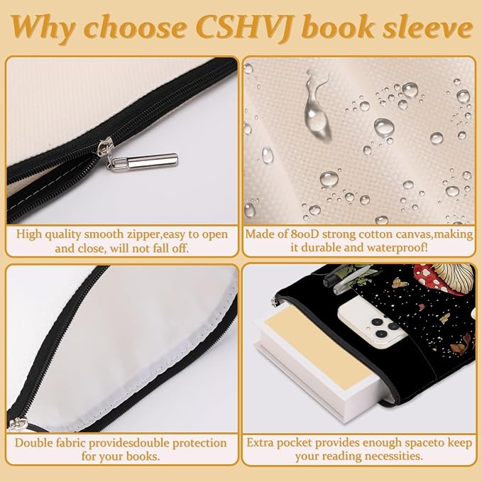 Floral Romantic Skull Book Sleeve Books Lovers Gifts Aesthetic Book Cover Protector with Zipper and Front Pocket Books Pouch Accessories Bookish Gifts Mushroom Gift for Women Readers Wife