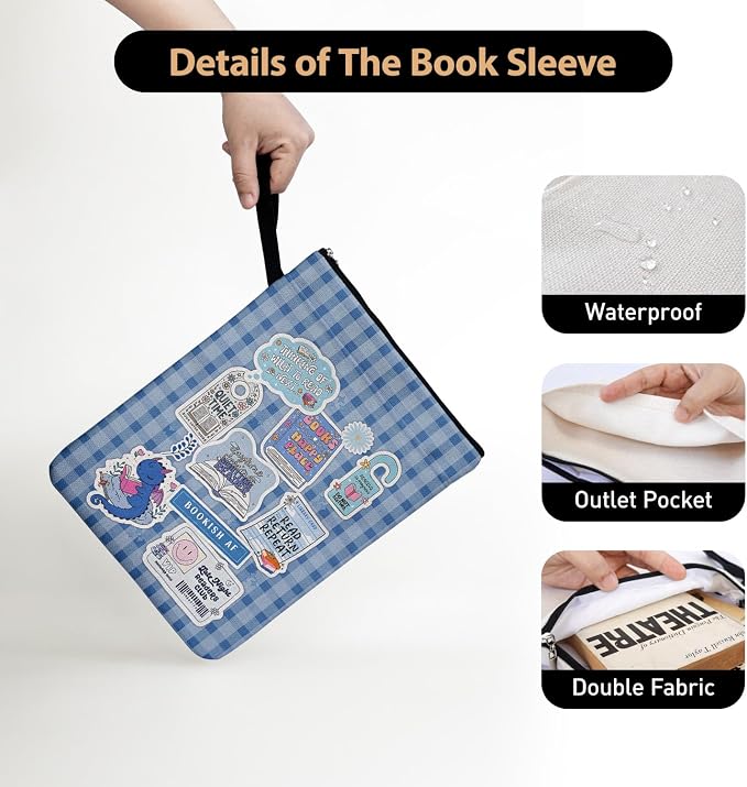 The Fourth Wing Blue Checkered Collage Style Book Covers for Book Lovers with Handle Pocket, Book Club Gifts for Chritsmas, Reading Accessories for Women Friends Reader Bookish
