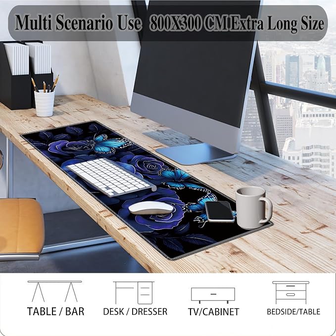 Mouse Pad Gaming Mousepad 31.5x11.8 Inch XXL Large + Coasters,Desk Mat with Stitched Edges, Non-Slip Rubber Base, Thick Mouse Pad for Computer, Laptop, Office & Home - Blue Rose Butterfly
