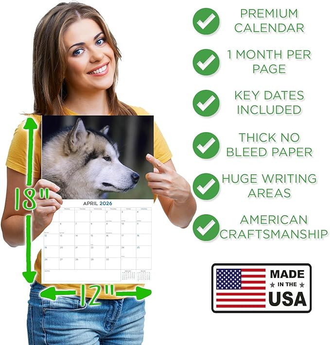 2025 2026 Alaskan Malamute Calendar - Dog Breed Monthly Wall Calendar - 12" x 18" Open - Thick No-Bleed Paper - Giftable - Academic Teacher's Planner Calendar Organizing & Planning - Made in USA