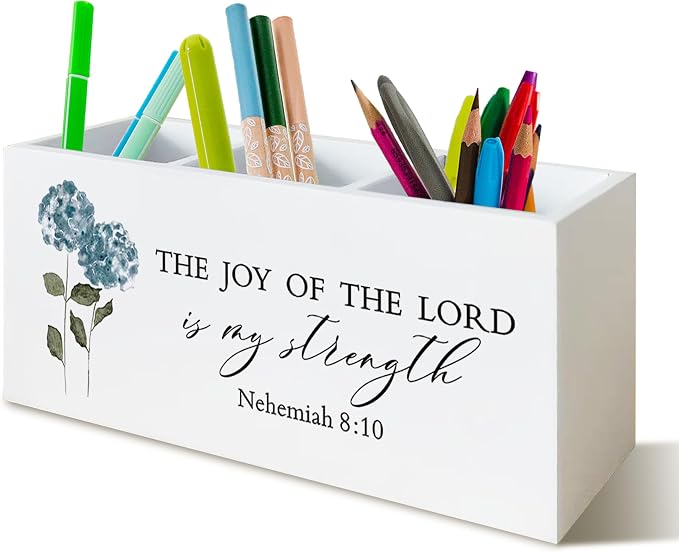Hydrangea Christian Decor, Hydrangeas Pen Holder for Office Desk, Religious Hydrangea Gifts for Women Men, Bible Verse Christian Wooden Pencil Holder Sign Organizer for Desk Accessories