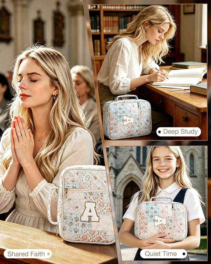 Initial Bible Cover Case for Women Girls Kid Large Bible Cover with Durable Handle Quilted Bible Carrying Case for Girls Bible Study Supplies Accessories (Spliced Flower H, one Size)
