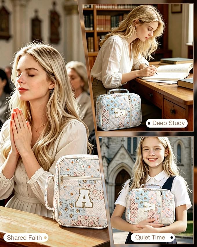 Nayno Initial Bible Cover Case for Women Girls Kid Large Bible Cover with Durable Handle Quilted Bible Carrying Case for Girls Bible Study Supplies Accessories (Spliced Flower K, one size)