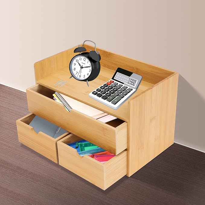 Office Storage Supplies Table Organizer For Bamboo Desk with 3 Drawer, Drawer Tabletop Storage Organization Box for Office Home Toiletries Supplies