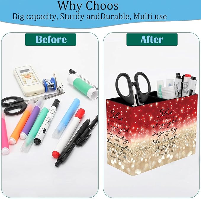 Pen Holder, Pencil Case, Makeup Brush Storage Box, Tableware Storage Box, Suitable for Office Or Home Item Organizing Stand - Red Glitter Quote Proverbs 31-25