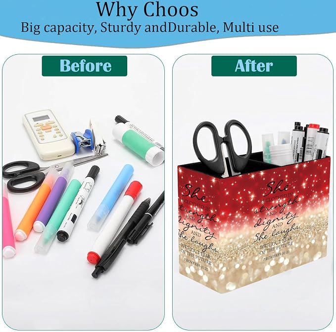 Pen Holder and Anti-Slip Mouse Pad Combination, Makeup Brush Storage Box, Tableware Storage Box, Suitable for Office and Home - Red Glitter Quote Proverbs 31-25