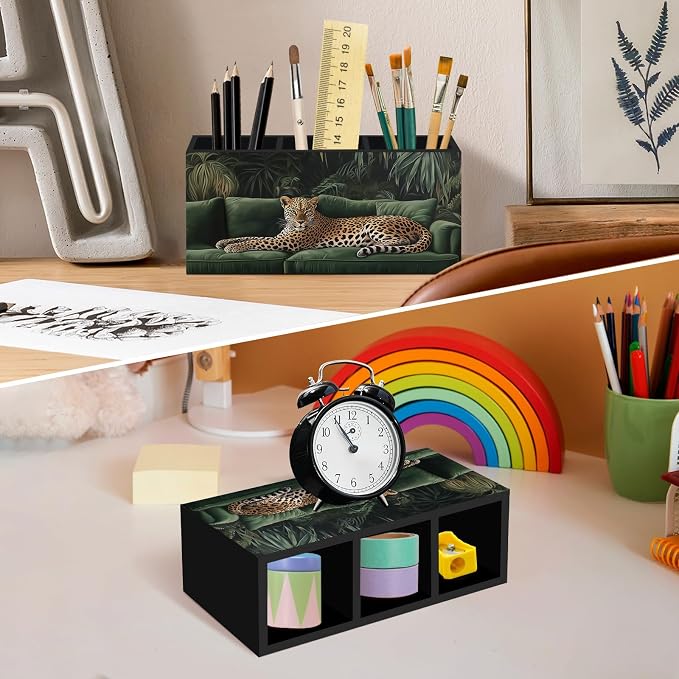 Vintage Trendy Leopard Pen Pencil Holder for Desk, Funky Dark Green Cheetah Office Desk Accessories, Maximalist Preppy Leopard Pen Holders Organizer for Classroom Office Desk