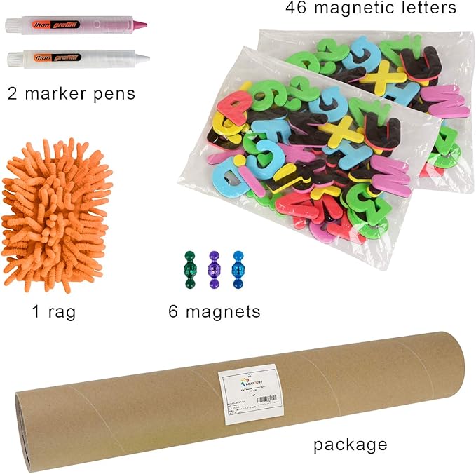 Board2by Magnetic Chalkboard Contact Paper for Wall, 38.9 x 18 Self Adhesive Chalk Board Wallpaper, Blackboard Paper with 46 Magnetic Letters for Kids, Black