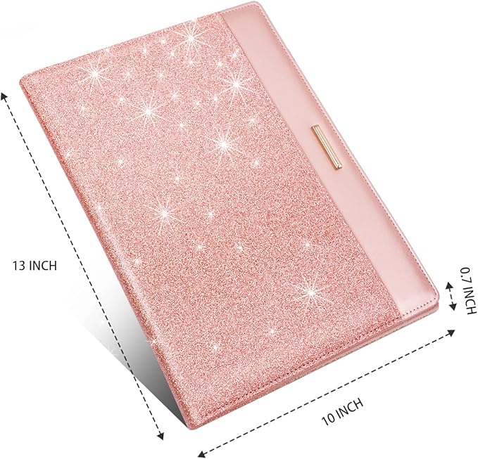 Glitter Pink Padfolio/Resume Portfolio Folder for Women Girls, WAVEYU Cute Chic Padfolio Cover Folder, Conference/Legal Document Organizer with Letter/A4 Size Clipboard, Document Sleeve, Rose Gold