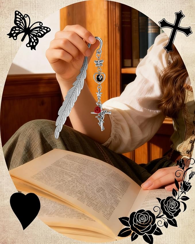 Buleens 2 Pack Bookmarks for Women Reading - Book Marks for Readers Book Lovers, Goth Sliver Cross Personalized Metal Bookmark with Pendants, Pretty and Aesthetic Book Accessories Reading Gifts
