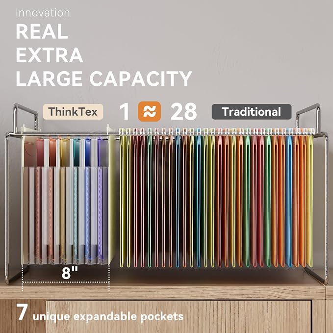 ThinkTex Plastic Expanding Hanging File Folders, 7 Innovative 1.2" Accordion Pockets, Large Capacity, Multi-Color Tabs, Letter Size for Filing Cabinet - Green