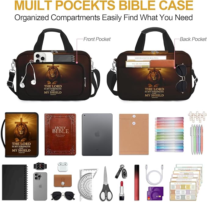 Lion Cross Bible Cover Case for Mens, Large Bible Carrying Book Case Church Bag with Strap & Handle Zipper Pocket, Bible Study Supplies Journaling Kit, Highlighters Tabs Pens Cross Clips
