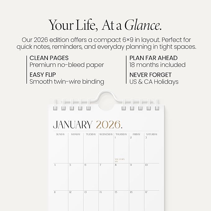 Karto Small Wall Calendar 2026-2027 - Vertical 6x9 inch January 2026 to June 2027 - Small, Versatile, and Easy Planning with the Aesthetic Desk Monthly Calendar - Boho