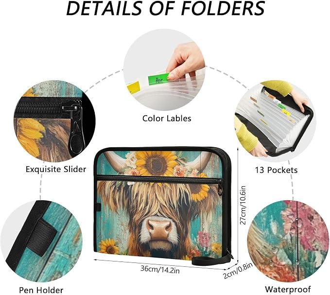 ALAZA Cow and Sunflowers Expanding Filing Folder, 13 Pockets Expandable Document Organizer Folder with Zipper Closure for Home Office A4 Letter Size Paper Document