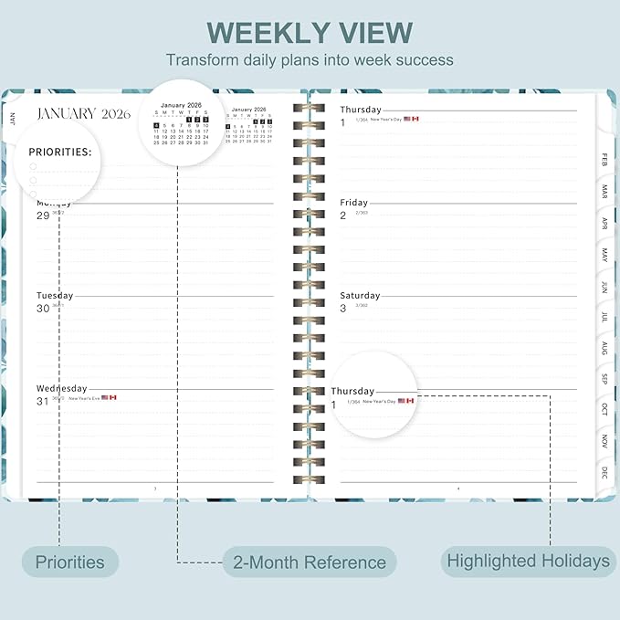 2026 Planner, Weekly and Monthly Academic Planner Calendar (JAN.2026 - DEC.2026), Planning Agenda Book, for Office Desk Accessories and School Supplies, A5(6.3" x 8.5") (Blue Blossoms)