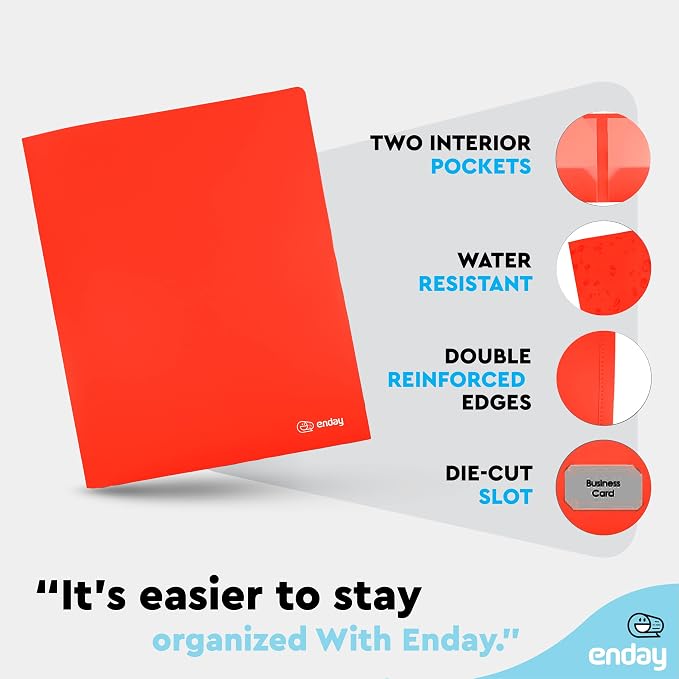 Folders with 2 Pockets Red, Colored Plastic File School Folder Letter Size, Heavy Duty Poly Portfolio Folder with Two-Pockets, Also Available in Purple, Green, Blue, Pink, and Grey, 8 Pc - By Enday