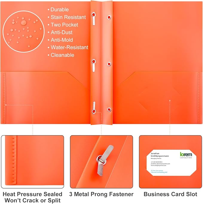 Cholemy 72 Packs Pocket Folders with Prongs Heavy Duty Plastic Folder with Business Card Slot 3 Prong Fasteners for School Office (Vivid)