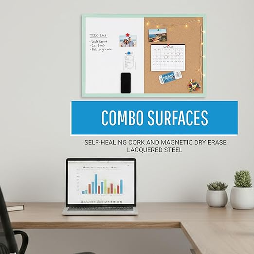MasterVision Pastel Combo Bulletin and Dry Erase Board, 24" x 18", Green Frame, Decorative Magnetic Whiteboard and Cork Board, Wall Décor for Home, Office, Dorm, or Classroom