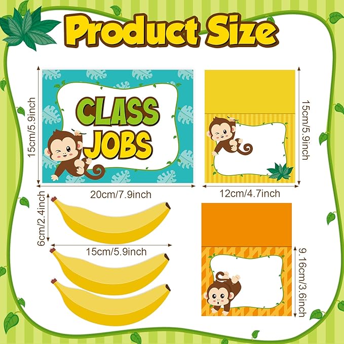 112 Pcs Monkey Class Jobs Bulletin Board Set Jungle Animal Classroom Jobs Pocket Chart Bulk Class Management Educational Chart Teacher's Helper Poster Decoration Back to School Supplies