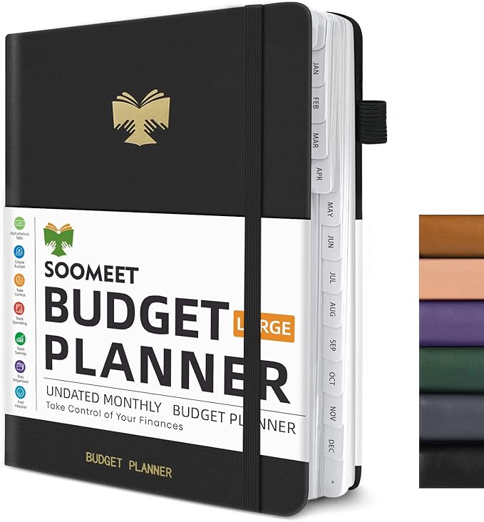 Budget Planner with Monthly Tabs - 7" x 10" Hardcover Budget Book, Monthly Bill Organizer with Pockets, Undated Finance Planner with Expense Tracker Notebook to Take Control Your Money- Black