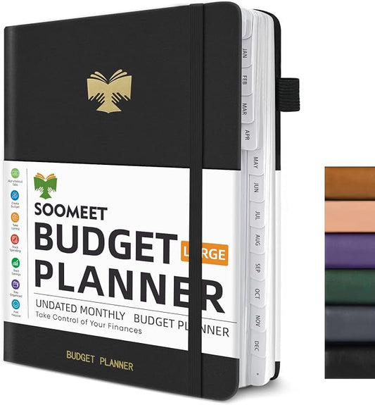 Budget Planner with Monthly Tabs - 7" x 10" Hardcover Budget Book, Monthly Bill Organizer with Pockets, Undated Finance Planner with Expense Tracker Notebook to Take Control Your Money- Black