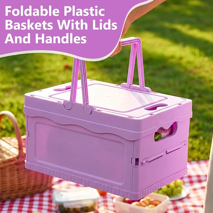 2 Pcs Pastel Plastic Collapsible Storage Crates with Lids and Handle Collapsible Picnic Basket Stackable Storage Bins Cute Foldable Container for Home Kitchen Office Bathroom(Purple)