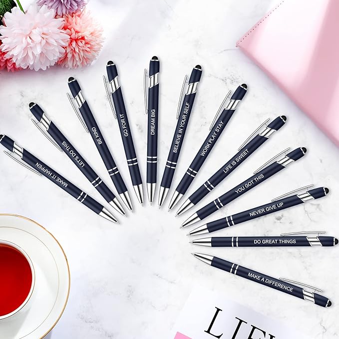 Zonon 12 Pcs Inspirational Pens Gift Set Funny Ballpoint Pen with Stylus Tip Motivational Graduation Gifts Bulk for Teacher Coworkers Nurse School Office Supplies(Navy,Motivational Style)