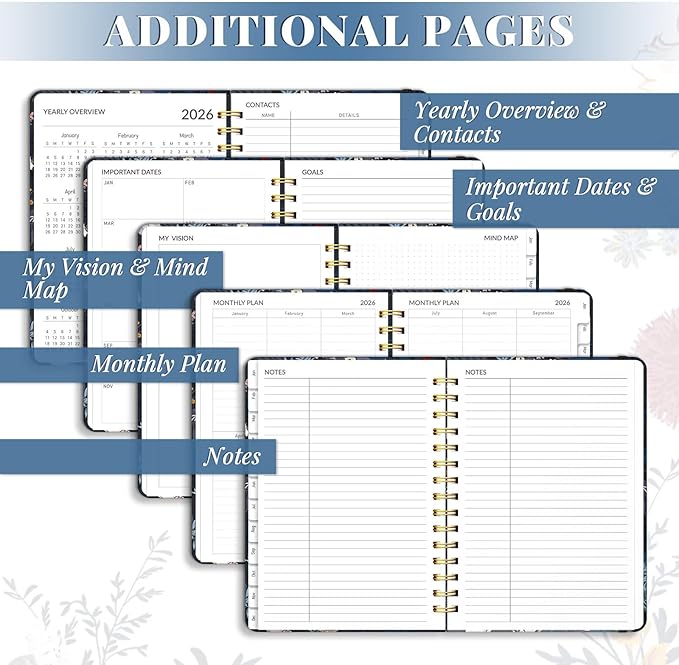 2026 Planner, A5 Weekly and Monthly Planners with Tabs, Spiral Bound Daily Calendar 2026 Planner, Agenda Organizers from Jan. to Dec., Hardcover Habit Tracker Journal 6.18" x 8.5"(Black Bloss)
