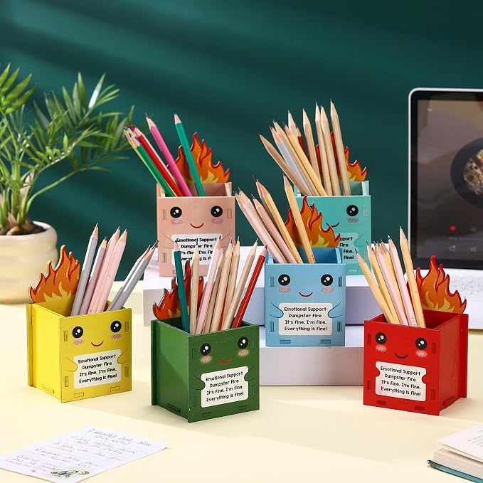 Sherr 6 Pcs Dumpster Fire Pencil Holder Wooden Pencil Dispenser for Classroom Teacher Appreciation Gift Bulk Back to School Dispenser Storage Organizer for Classroom Office Desk