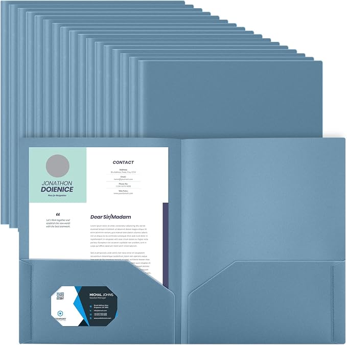 Gueevin 72 Pack Plastic Folder with Pockets, 2 Pocket Folders, Plastic Glossy Folders Fit Letter Size Paper, Heavy Duty Durable File Folder with Business Card for Home Office School (Blue Grey)