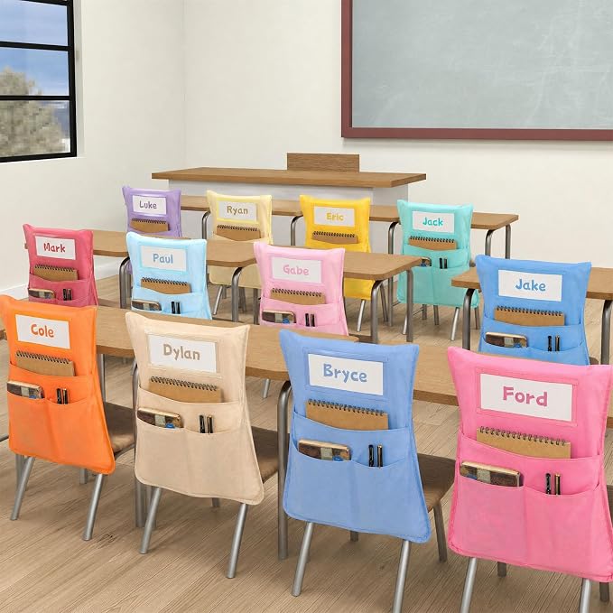 36pcs for Classroom 16.3x19.7inch Classroom Chair Pockets with Name Tag 3 Pockets Chair Organizer for Teacher Student School Office(Pink Purple)