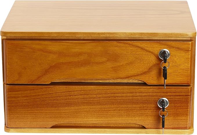 Desktop Storage Organizer Countertop Storage Cabinet with Lockable Drawers Wooden Desk Organizer for Office Supplies File Jewelry Accessories (2 Tiers)
