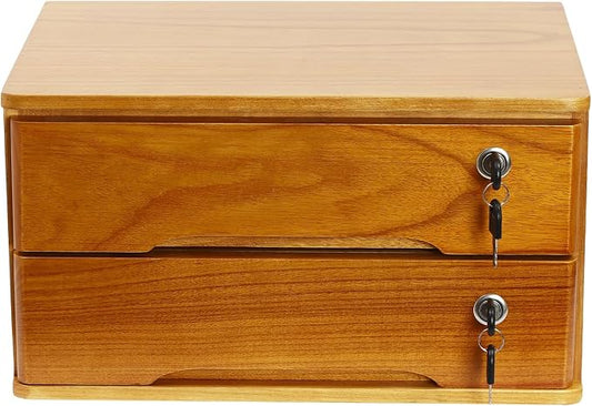 Desktop Storage Organizer Countertop Storage Cabinet with Lockable Drawers Wooden Desk Organizer for Office Supplies File Jewelry Accessories (2 Tiers)
