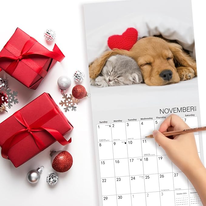 2026 Wall Calendar,Calendar 2026,Kittens & Puppies Monthly Wall Calendar, 12" x 24" Open,Family Planner Calendar Organizer with Cute kittens & Puppies Images, for Cat & Dogs Lovers