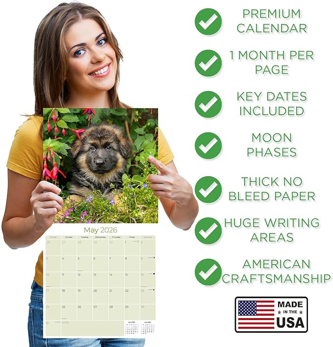 German Shepherd Pups Calendar 2026 by MegaCalendars – Monthly Dog Breed Wall Calendar, Made in USA