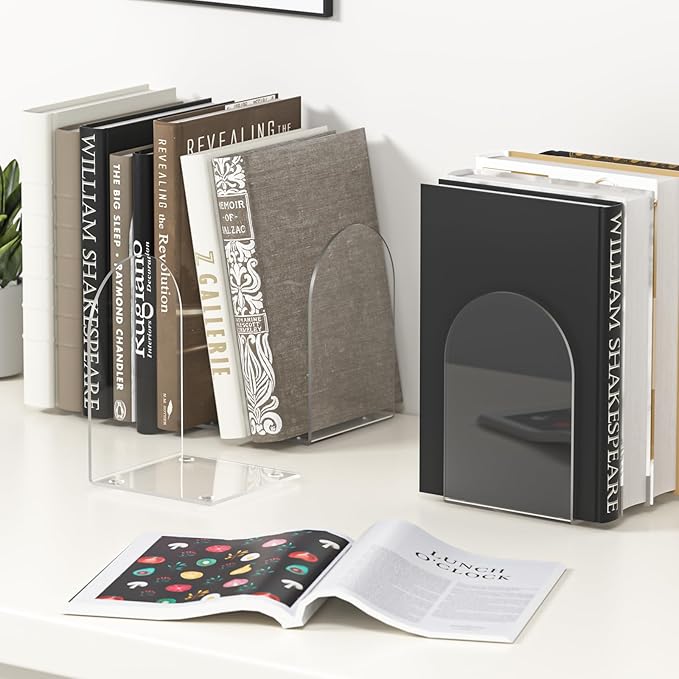 Acrylic Bookends 6 Pieces, Book Ends for Shelves, Clear Bookends for Shelves, Transparent Book Organizer for Desktop, Shlef Book Stopper for Home Office