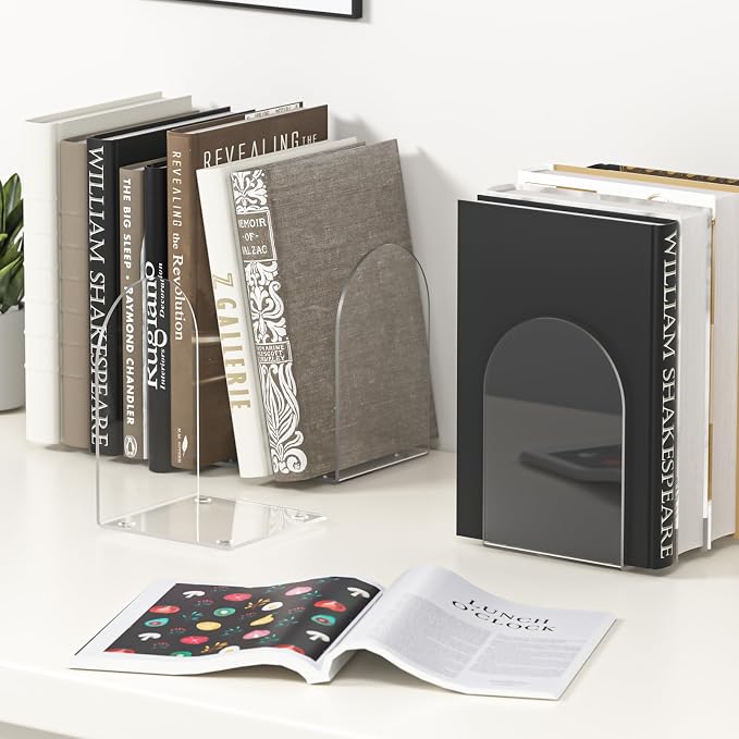 Acrylic Bookends 4 Pieces, Clear Bookends for Shelves, Book Ends for Shelves and Desktop Organizer, Transparent Shelf Book Stopper to Hold Books for Home Office Supplies