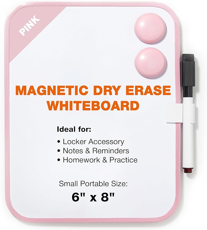 Magnetic Dry Erase Board for School Locker, 6" x 8" Marker and 2 Magnets - Small Whiteboard for Classroom, Home, Office, Travel - Pink