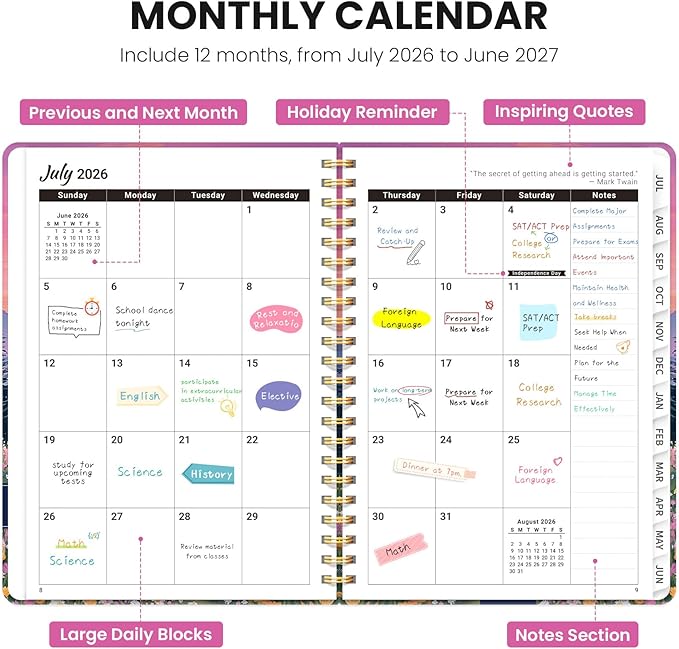 2026–2027 Academic Planner, Weekly and Monthly Planner for Women, July 2026 - June 2027, Pretty Hardcover 2026–2027 Academic Planner with Tabs, Inner Pocket, Spiral Bound, Perfect Office Home School Supplies - 6.3" x 8.5", Dreamscape Hills