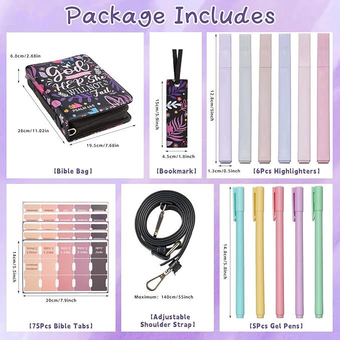 19PCS Floral Purple Leather Bible Cover for Women Bible Cover Cases for Teen Girls Christmas Gift Christian Bag Our God is Within Her Journaling Kit with Shoulder Strap Highlighter Pens & Book Marker