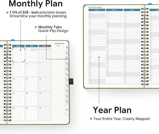 2026-2027 Planner, Daily Weekly Monthly Academic Planner, 18 Months Spiral Bound Agenda, 6.5"x 8.5", Vertical Layout, Calendar Planner, Vegan Leather Soft Cover,Green