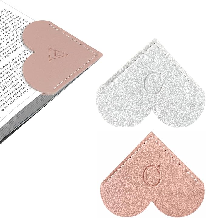 2Pcs Personalized Leather Heart Bookmark with Initial, 26 Letters Custom Corner Page Book Mark for Reading Women, Book Lovers, Teachers, Students, Cute Book Accessories Gifts(White+Pink, C)