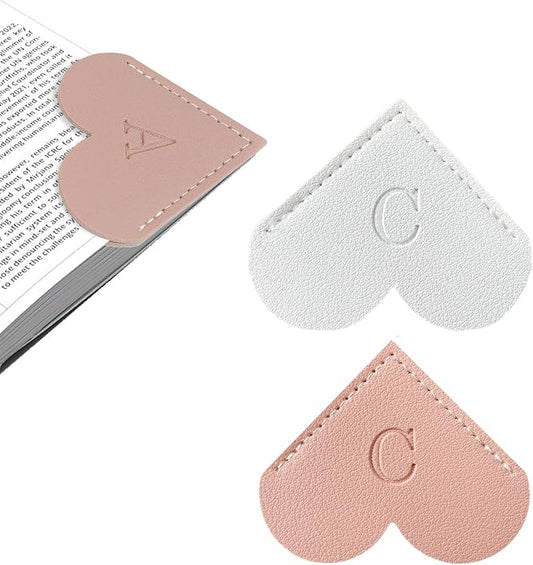 2Pcs Personalized Leather Heart Bookmark with Initial, 26 Letters Custom Corner Page Book Mark for Reading Women, Book Lovers, Teachers, Students, Cute Book Accessories Gifts(White+Pink, C)