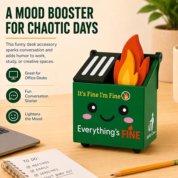 Desk Dumpster Fire Pen Holder – Everything’s Fine Funny Office Desk Decor, Mini Trash Can Pencil Holder Organizer with Flame Note Cards, Stress Relief White Elephant Gag Gift for Coworker