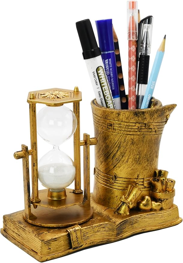 Owlgift Music-Themed Pencil Holder with Hourglass, Resin Desktop Organizer for Office & Study, Pen Holder with Sand Timer, Classic Addition Scissors Storage, Artistic Accessory Gift