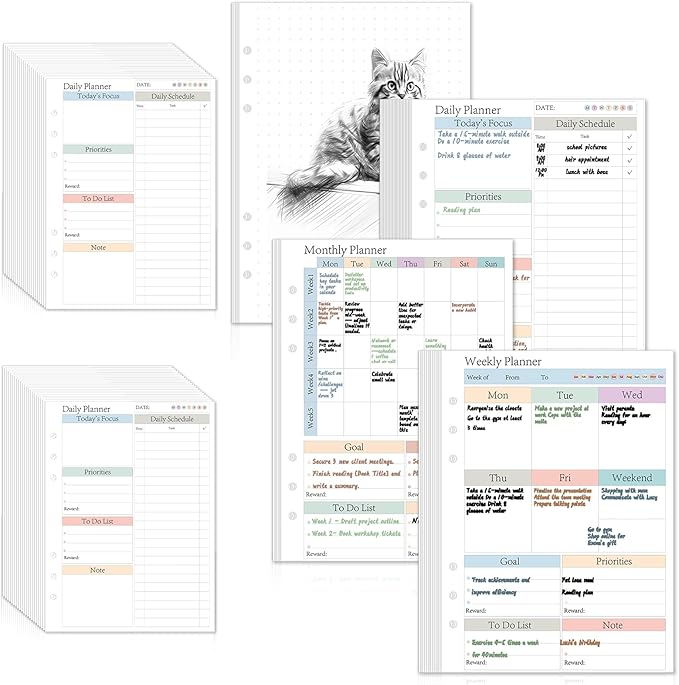 ADHD Planner Refill Pages for A5 Binders 240 Sheets/480 pages Planner Inserts Daily Weekly Monthly for 6 Ring Binder Undated Planners Refills Colorful To Do List Refill Paper 120 GSM Thick Loose Leaf Paper for 6 Months Neurodivergent Journal Productivi...